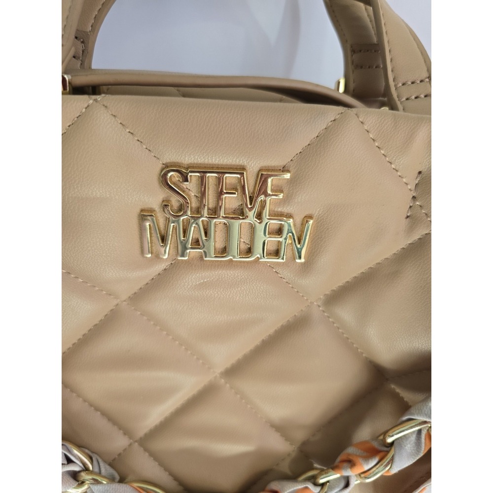 Steve Madden Quilted Tote Bag Womens Large Tan Excellent‎ Scarf Chain Detail - Picture 3 of 16